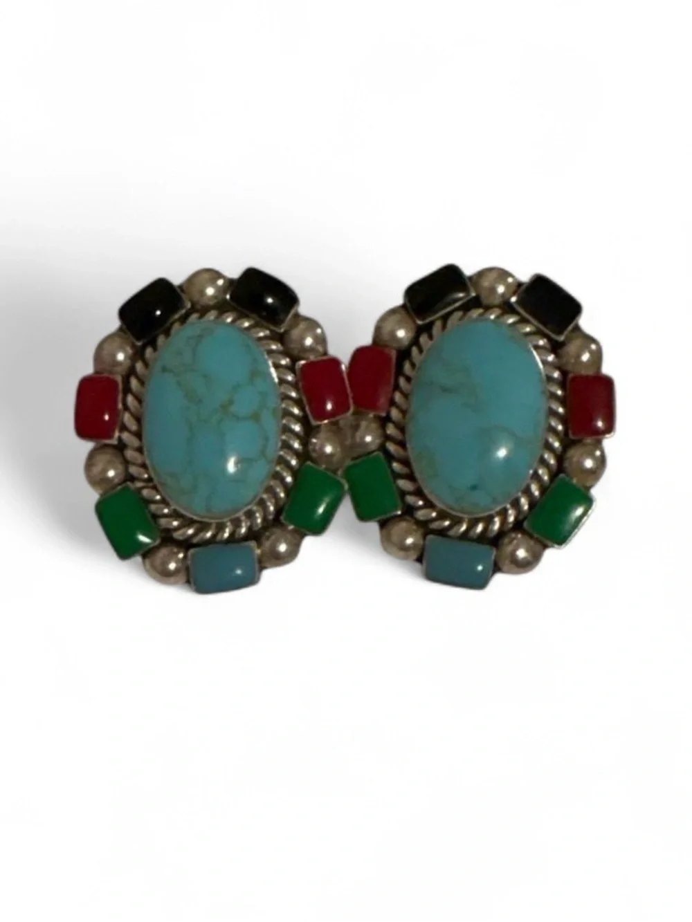 Vintage Mexico 925 Silver Turquoise Multi-Stone Onyx Coral Cluster Earrings